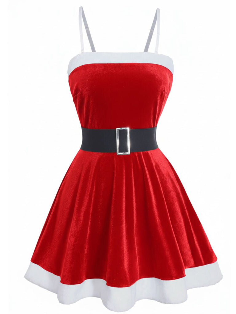 Mini abito natalizio in velluto e peluche con spalline sottili anni '70