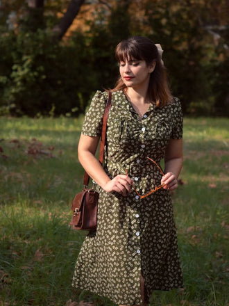 Abito bottoni a risvolto a fiori delicati verde anni '40