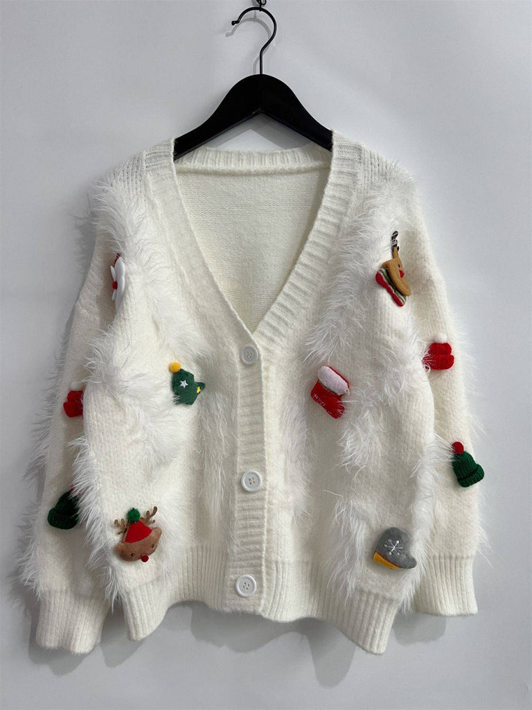 Cardigan in maglia e stampa natalizia 3D bianco anni '70