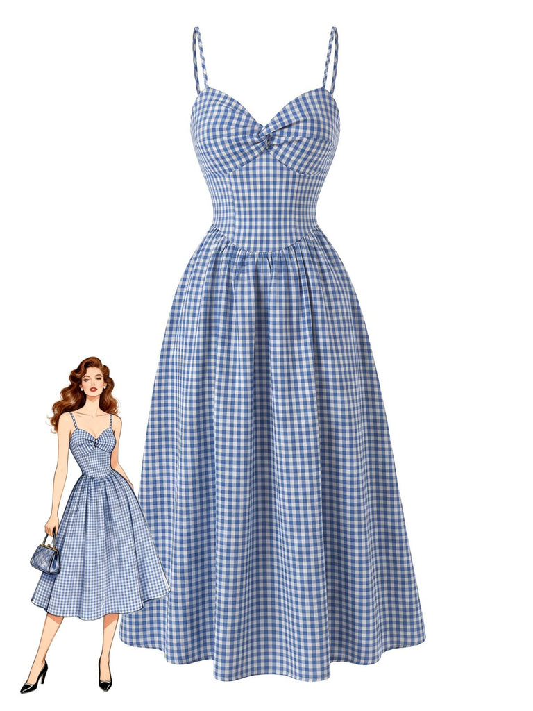 Abito Blu Anni '40 a Quadri Vichy con Bretelle Sottili