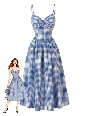 Abito Blu Anni '40 a Quadri Vichy con Bretelle Sottili