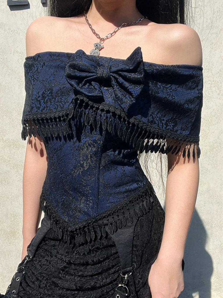 Top in pizzo con spalle scoperte e nappe Halloween blu anni '30