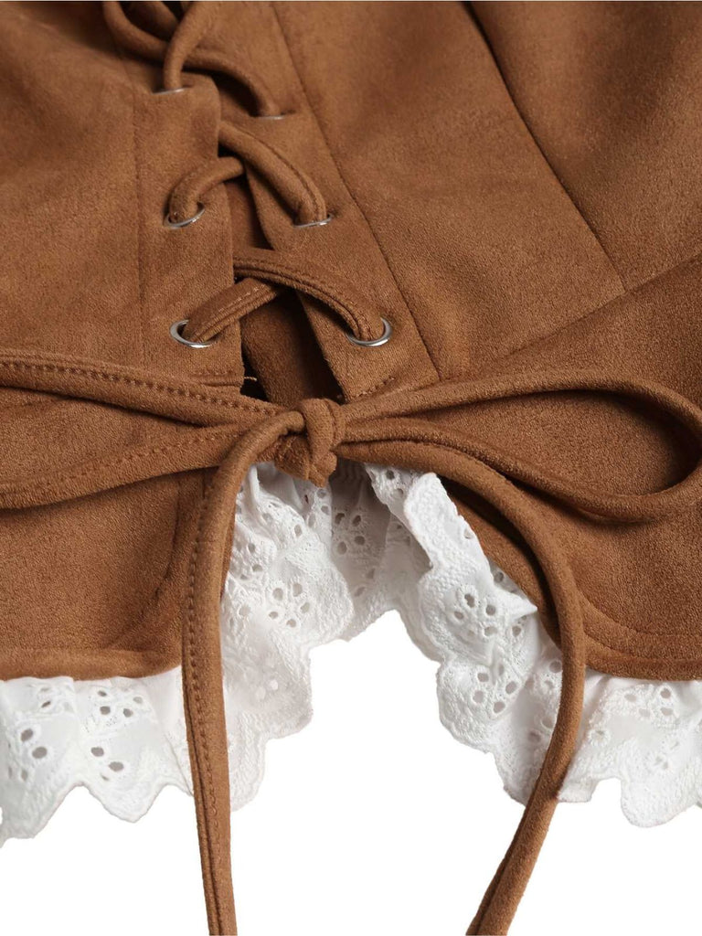 Top corsetto in pizzo scamosciato con lacci marrone anni '50