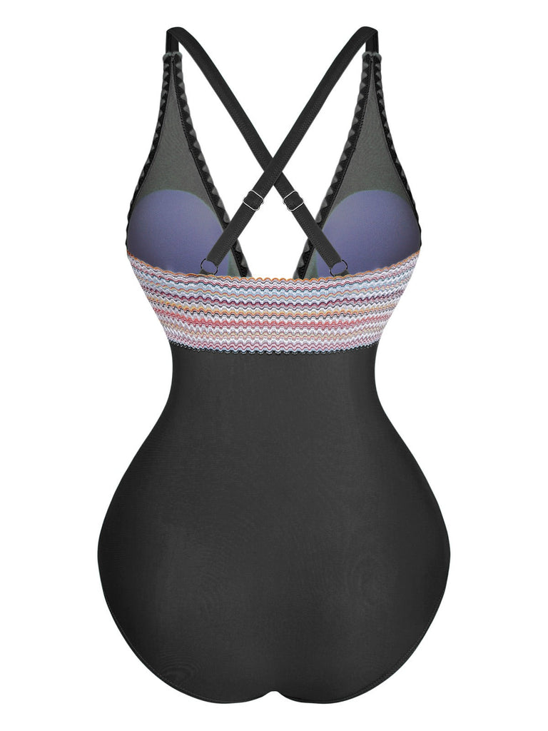 Costumi intero con patchwork ondulato e scollo a V anni '40