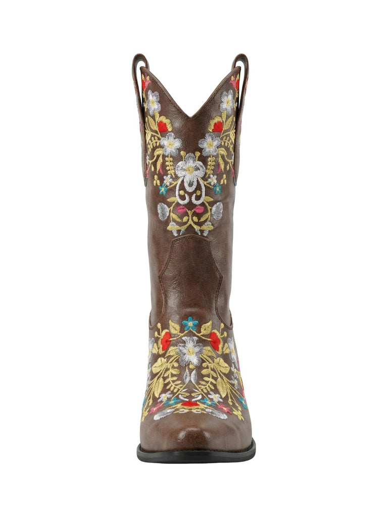 Stivali con tacco grosso e ricamati a fiori e a punta