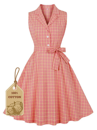 Abito plaid con revers e cintura rosa anni '50