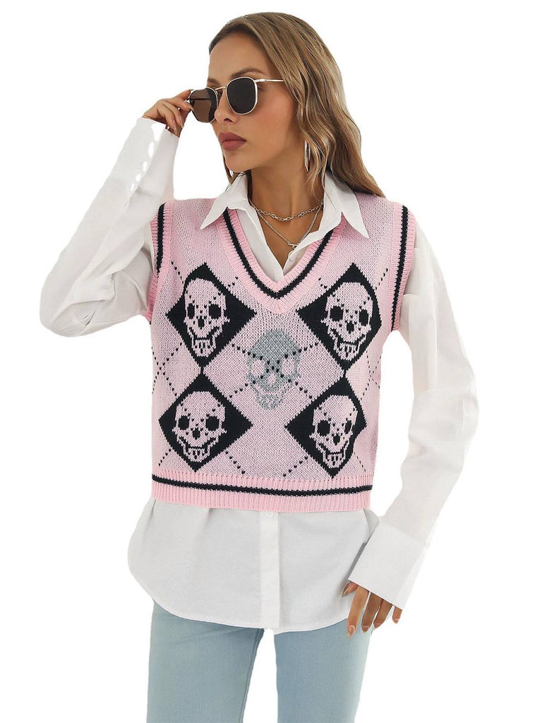 Gilet con motivo a rombi e teschio Halloween anni '80