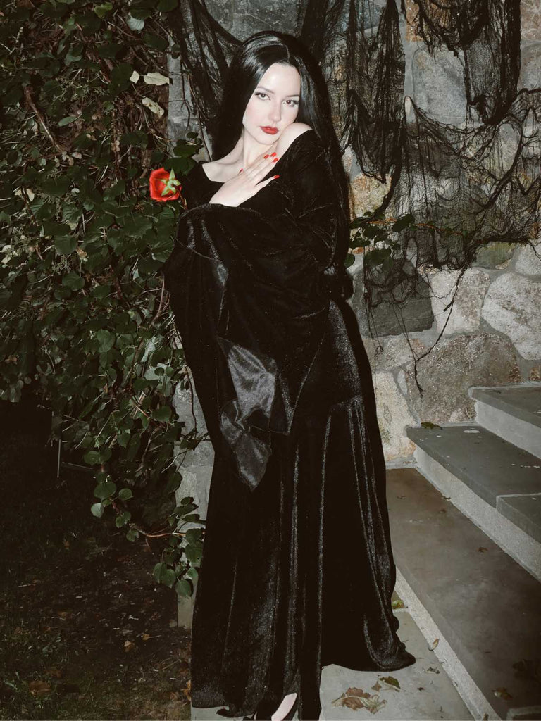 Abito a Sirena Nero Anni '30 Wednesday Morticia-inspired in Velluto