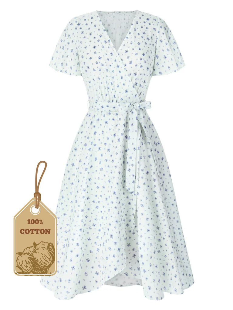 Abito floreale con cravatta obliqua in cotone bianco anni '40