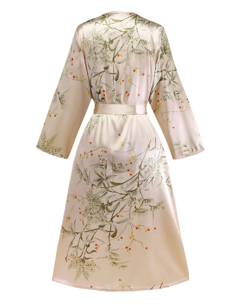 2PCS Camicia da notte in raso con floreali e vestaglia abbinata anni '50