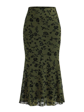 Gonna lunga a sirena con stampa floreale floccata anni '30