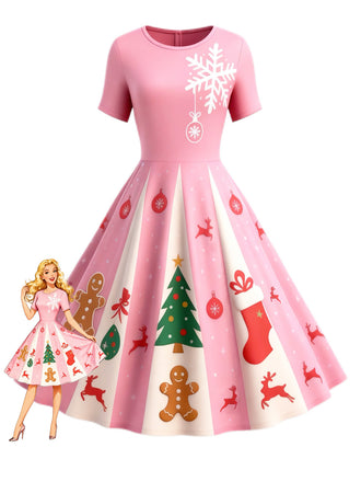 Abito a ruota natalizio con fiocco di neve rosa anni '50