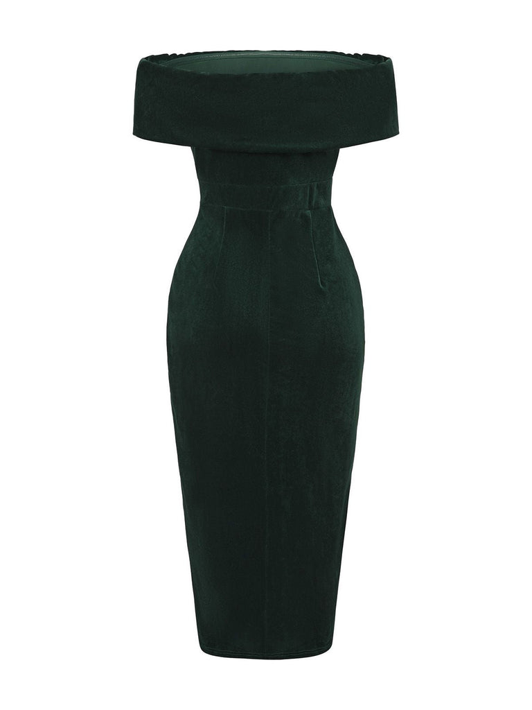 Abito midi in velluto a tinta unita con spalle scoperte anni '80