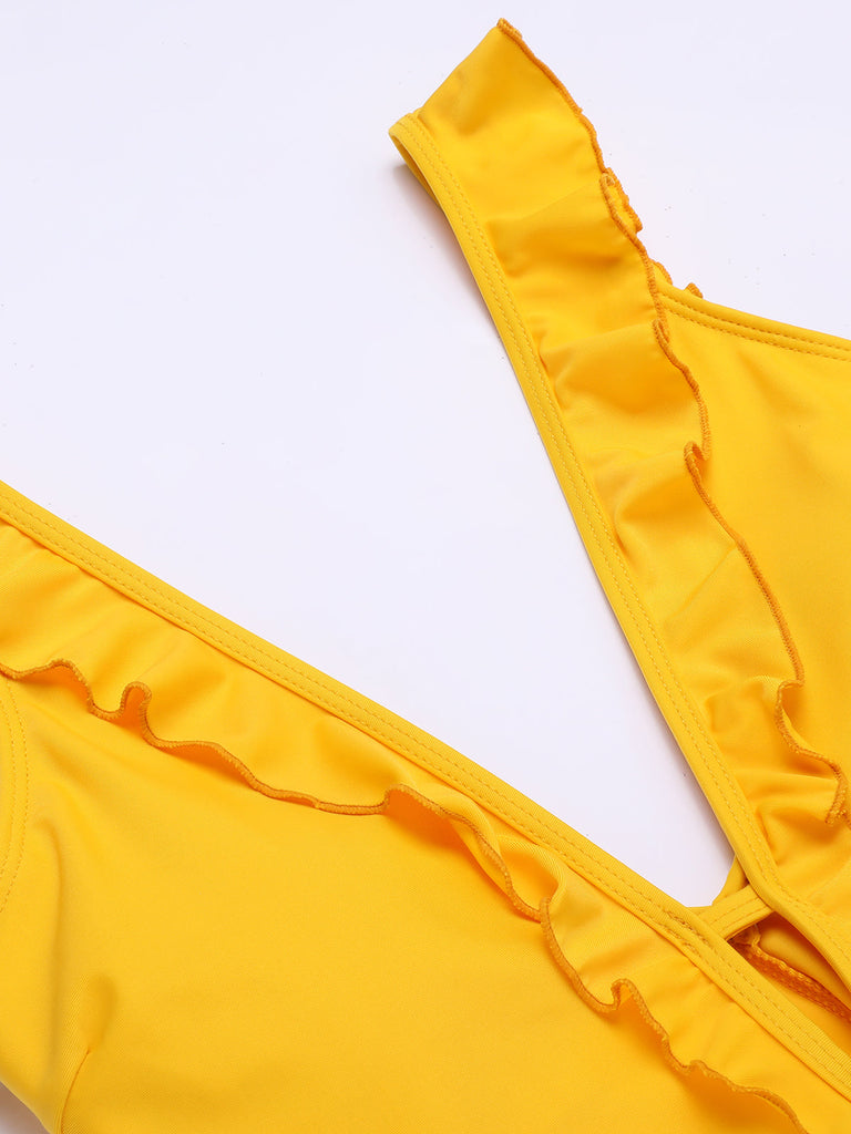 Costumi intero con scollo a V volant giallo anni '30