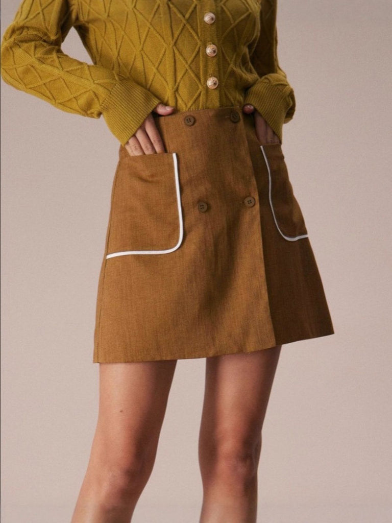 Gonna a trapezio a vita alta con tasche marrone anni '80