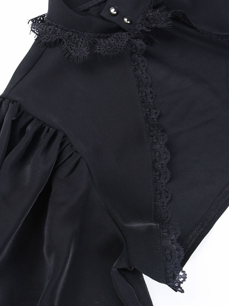 Top in pizzo gotico con collo alto nero anni '80