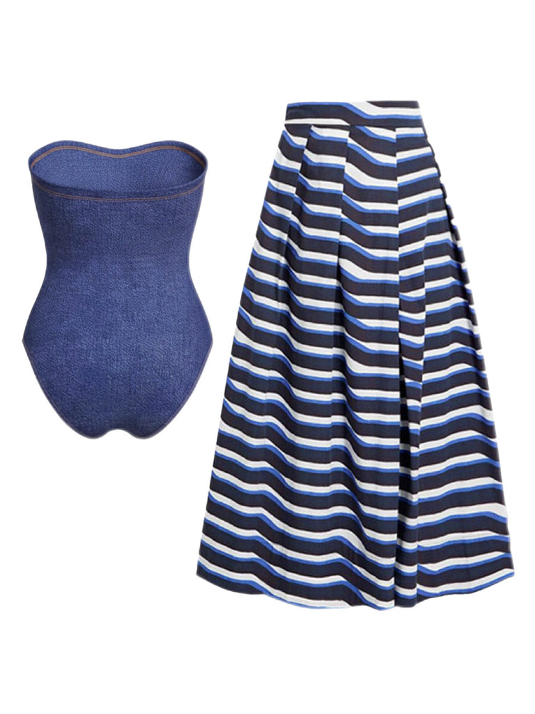 2PCS Costumi con fiocco in denim e copricostume a righe anni '80