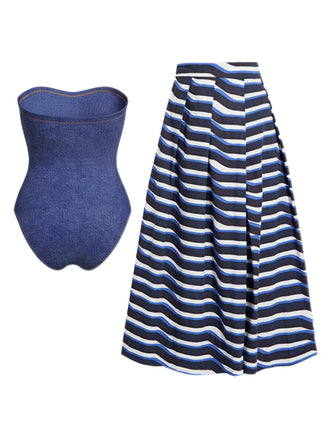 2PCS Costumi con fiocco in denim e copricostume a righe anni '80