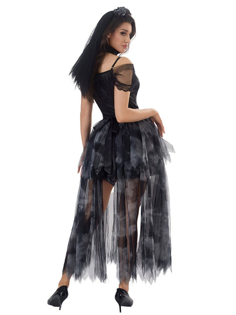 Completo abito in tulle da sposa fantasma Halloween nero anni '70