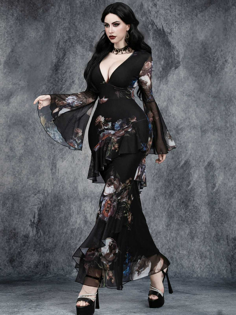 Abito a sirena floreale con scollo a V profondo nero anni '30