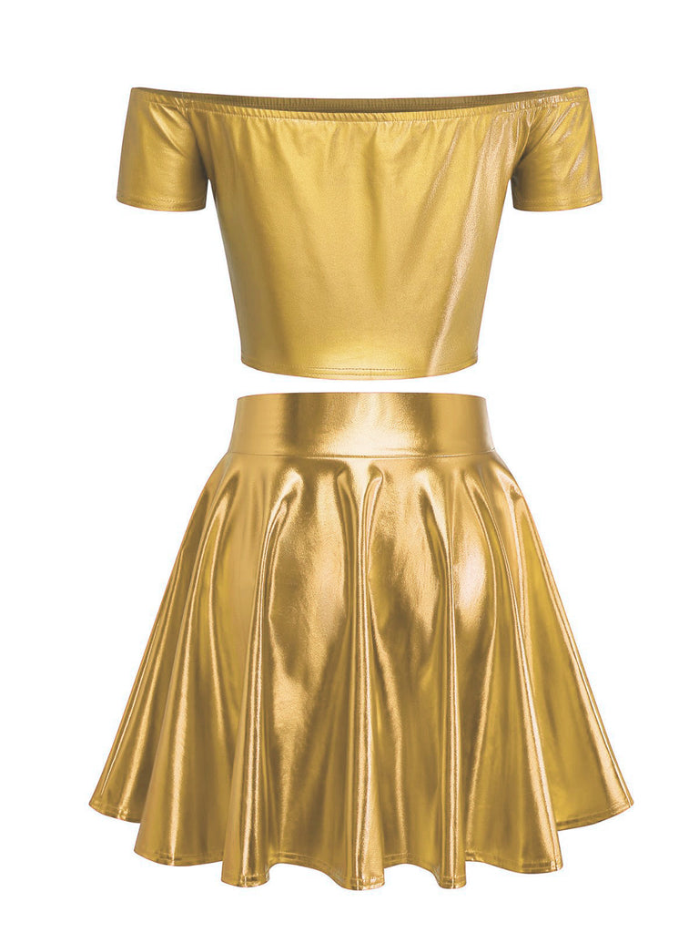 2PCS Top disco metallizzato con spalle scoperte e gonna anni '70