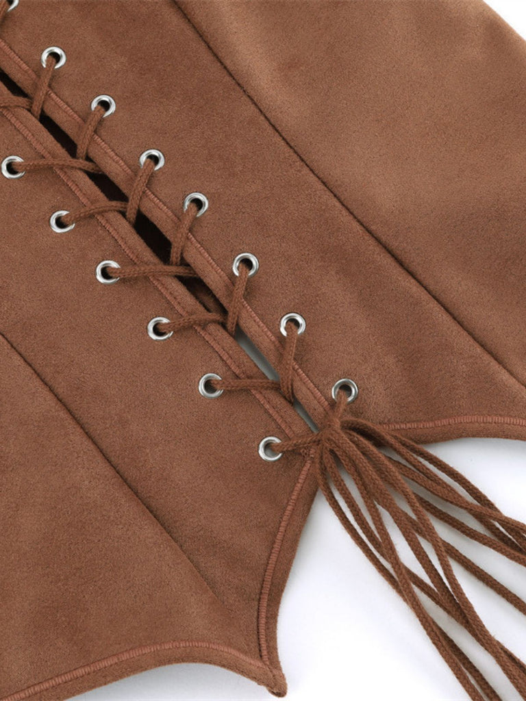 Gilet corsetto in pelle scamosciata con lacci marrone anni '50