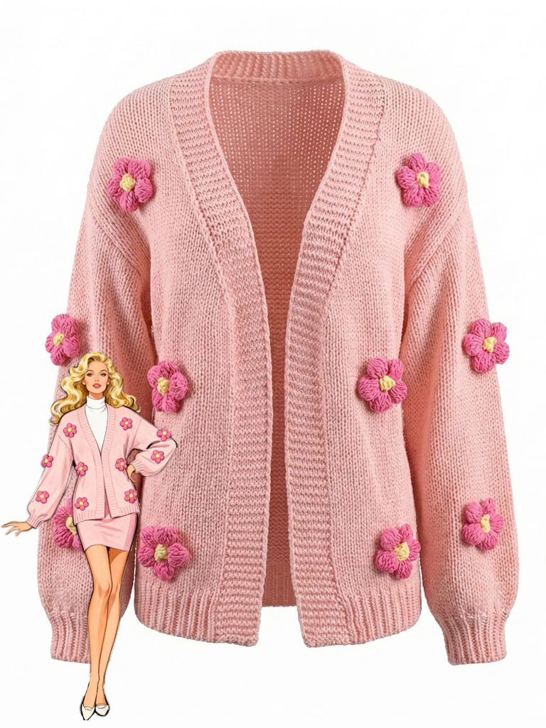 Cardigan a maglia con fiori 3D e maniche lunghe anni '30
