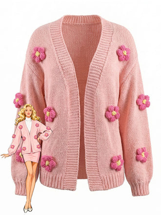 Cardigan a maglia con fiori 3D e maniche lunghe anni '30