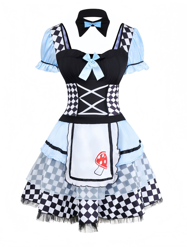 Abito grembiule Alice con maniche a sbuffo blu anni '60
