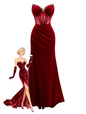 Abito senza spalline in velluto bordeaux anni '80