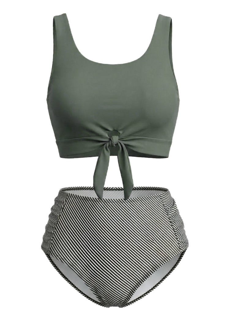 Set Tankini  Anni '40 Verde Oliva con Nodo Davanti a Vita Alta
