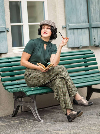Tuta lunga plaid scollo a buco della serratura verde anni '30