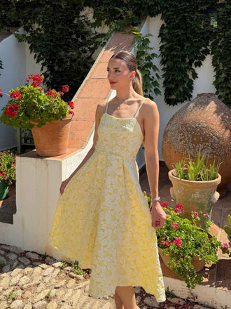 Abito Midi Giallo Anni '50 con Jacquard Floreale Testurizzato