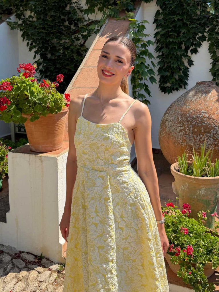 Abito Midi Giallo Anni '50 con Jacquard Floreale Testurizzato