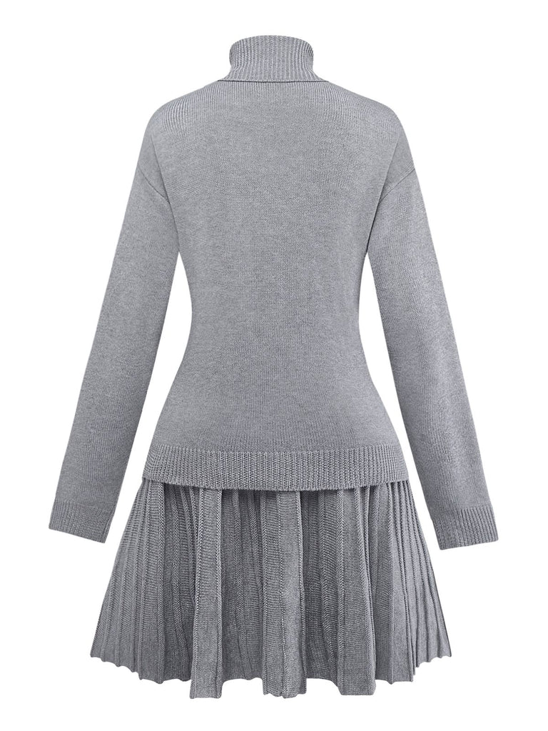 2PCS Maglione a collo alto a maglia e gonna plissettata anni '60