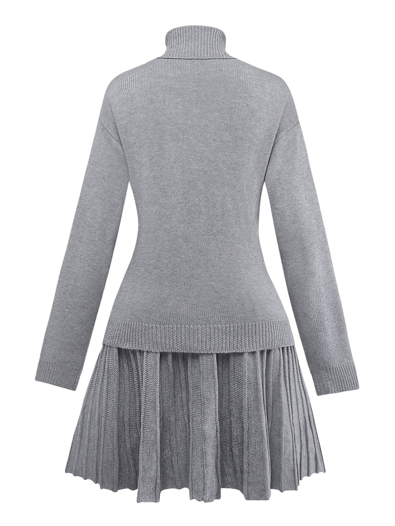 2PCS Maglione a collo alto a maglia e gonna plissettata anni '60