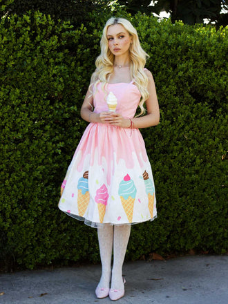 Abito stampa gelato con scollo a cuore rosa anni '50