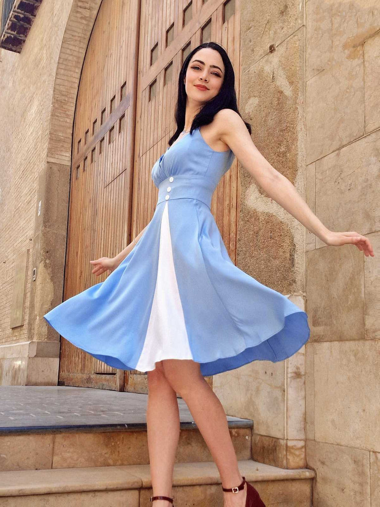 Abito con spalline sottili patchwork blu anni '50