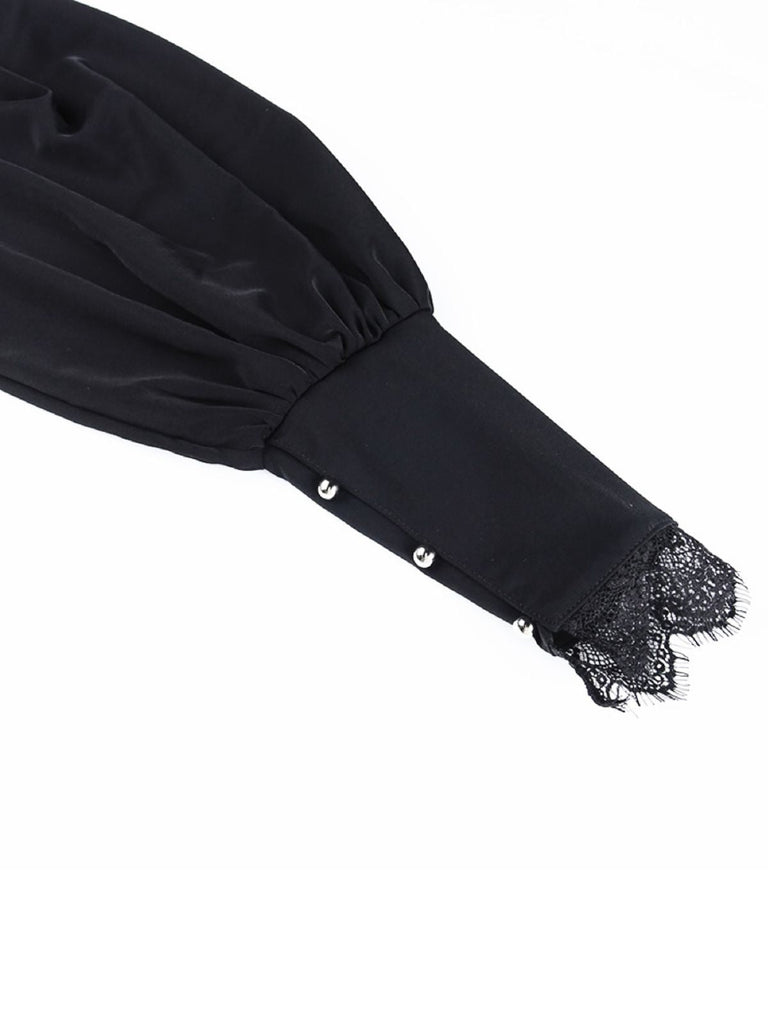 Top in pizzo gotico con collo alto nero anni '80
