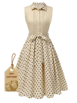 Abito in cotone a pois con revers beige anni '40