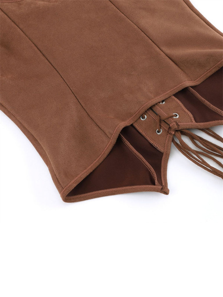 Gilet corsetto in pelle scamosciata con lacci marrone anni '50