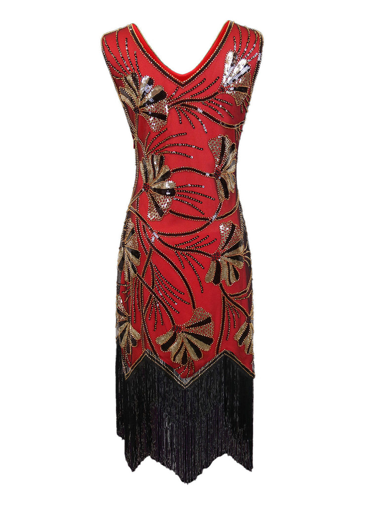Abito flapper con scollo a V e perline e paillettes anni '20