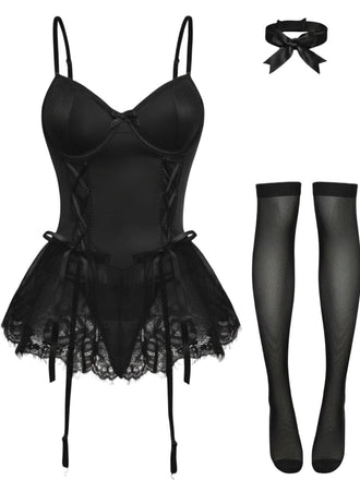 Completo body con corsetto e pizzo nero anni '60