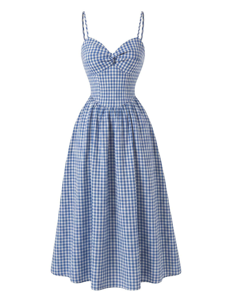 Abito Blu Anni '40 a Quadri Vichy con Bretelle Sottili