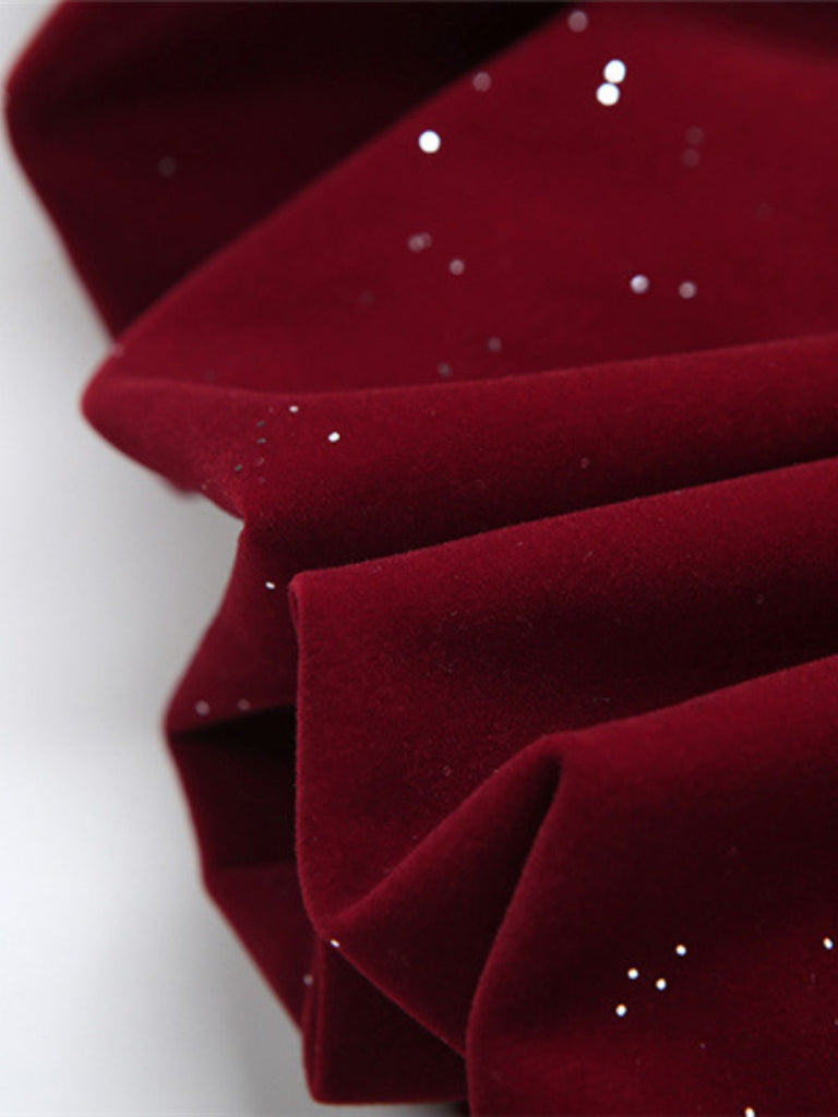 Miniabito con fiocco di paillettes senza spalline bordeaux anni '80