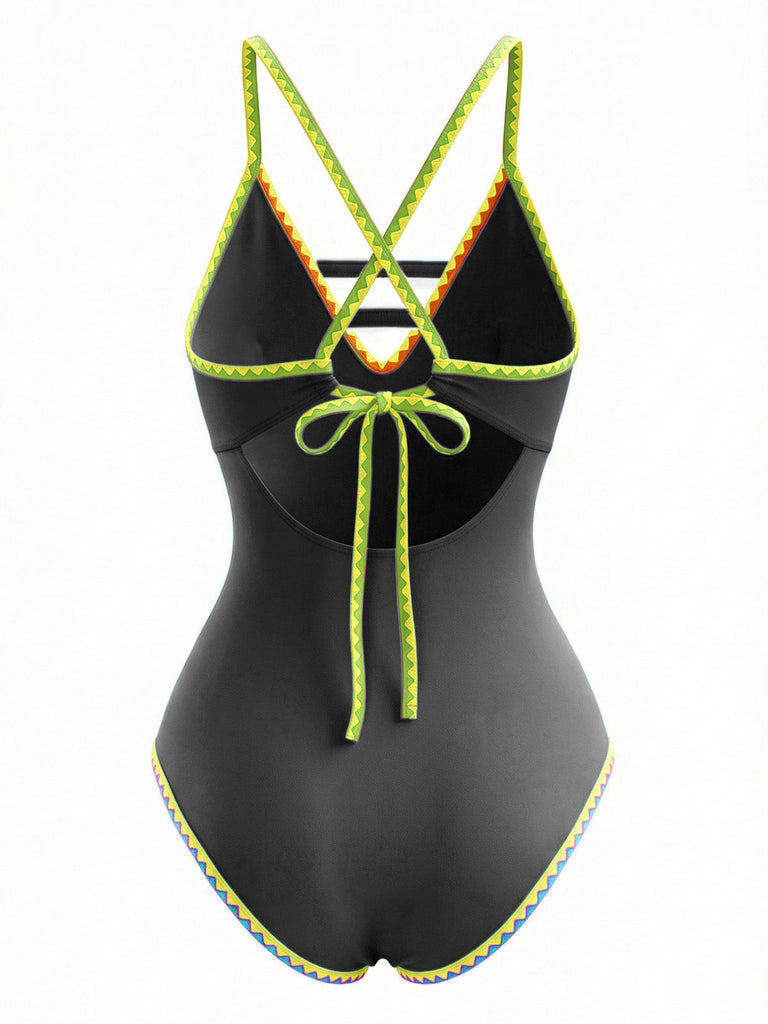 Costumi intero con spalline e cut-out color block anni '70