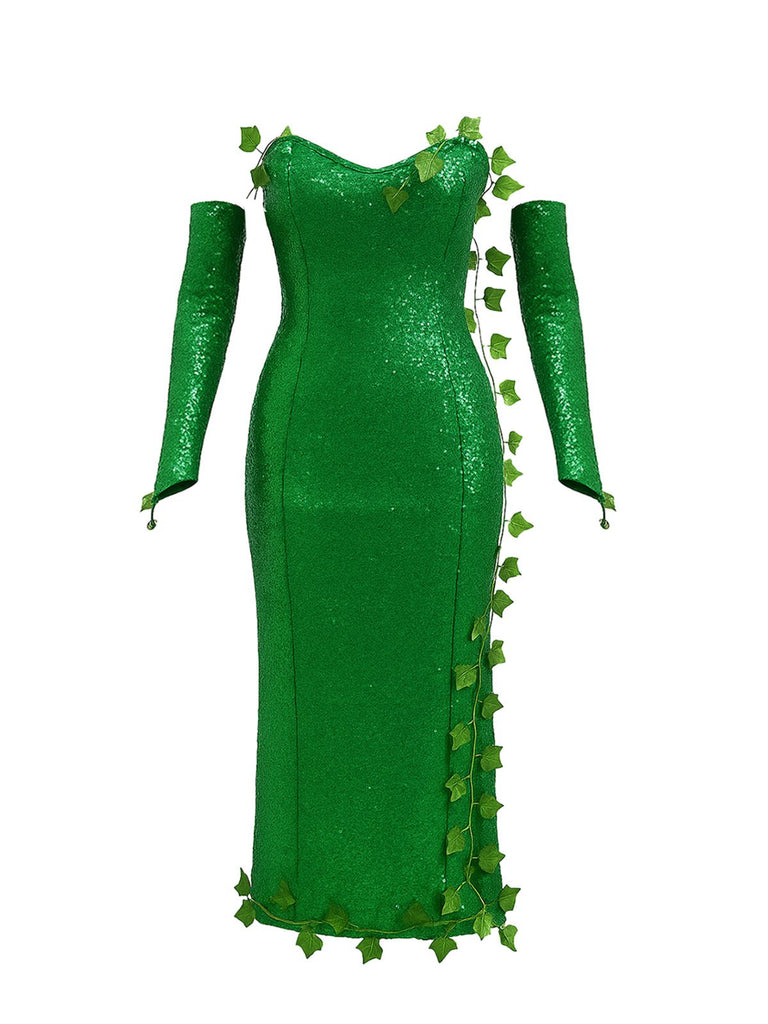 Completo con fascia multi-foglia e abito paillettes verde anni '70