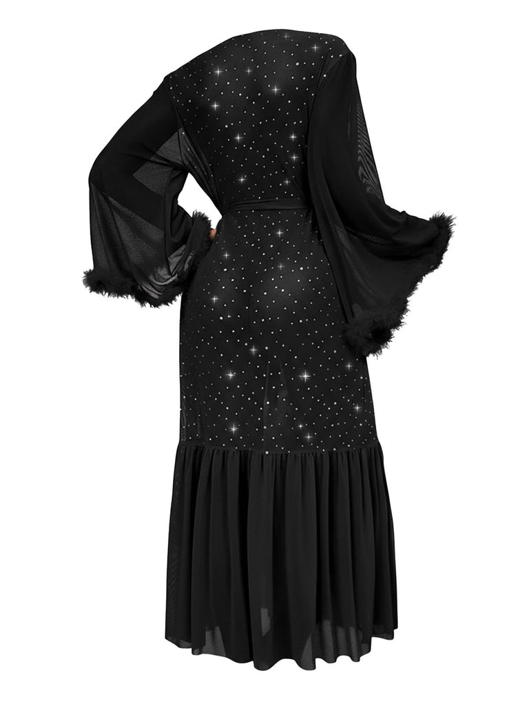 Accappatoi in rete glitterata trasparente con cintura nero anni '70