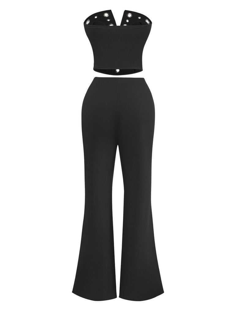 2PCS Top punk senza spalline con fibbia in metallo e pantaloni anni '70