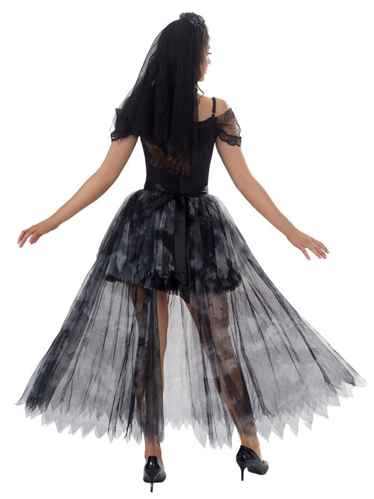Completo abito in tulle da sposa fantasma Halloween nero anni '70